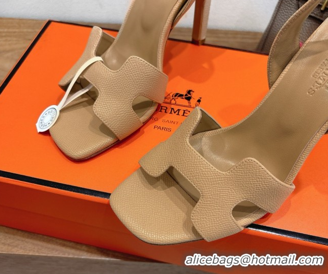 Shop Duplicate Hermes Eremite Heel Sandals 10cm in Grained Leather Apricot H02275 1023165