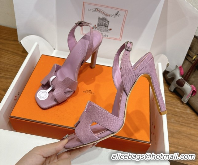 Luxury Discount Hermes Eremite Heel Sandals 10cm in Grained Leather Light Purple H02275 1023166