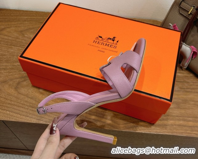 Luxury Discount Hermes Eremite Heel Sandals 10cm in Grained Leather Light Purple H02275 1023166