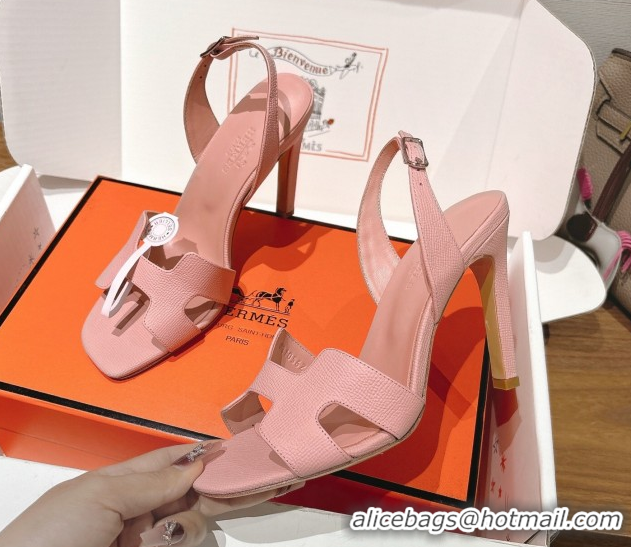 Luxury Hermes Eremite Heel Sandals 10cm in Grained Leather Pale Pink H02275 1023167
