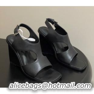 Pretty Style Hermes Kalya Wedge Sandals 10cm in Calfskin Leather Black 1023168