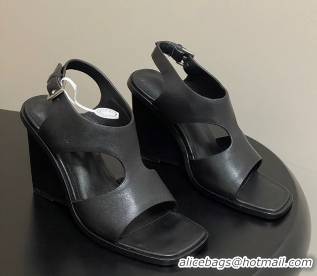 Pretty Style Hermes Kalya Wedge Sandals 10cm in Calfskin Leather Black 1023168