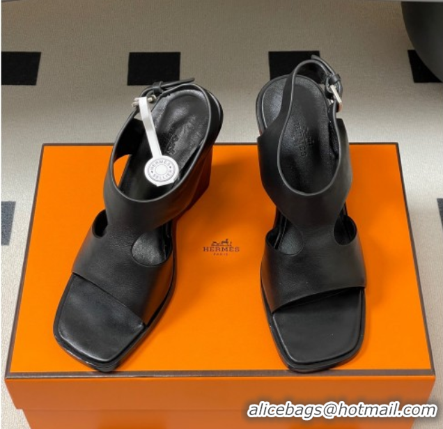 Pretty Style Hermes Kalya Wedge Sandals 10cm in Calfskin Leather Black 1023168