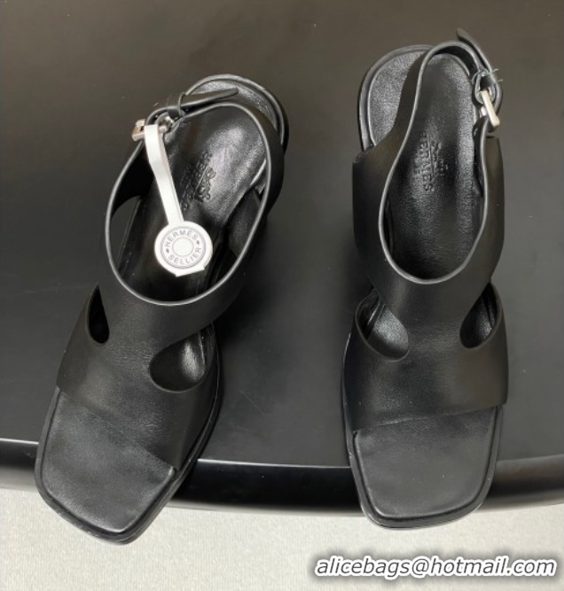 Pretty Style Hermes Kalya Wedge Sandals 10cm in Calfskin Leather Black 1023168