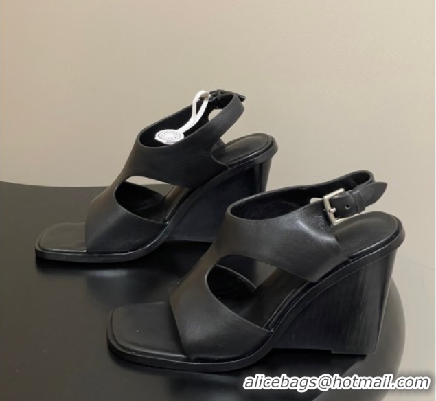 Pretty Style Hermes Kalya Wedge Sandals 10cm in Calfskin Leather Black 1023168