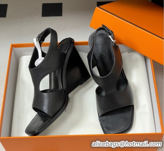 Pretty Style Hermes Kalya Wedge Sandals 10cm in Calfskin Leather Black 1023168