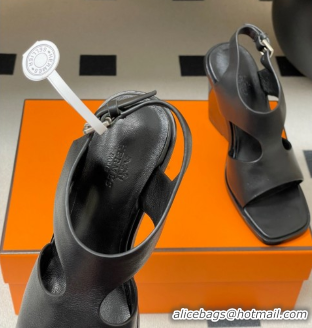 Pretty Style Hermes Kalya Wedge Sandals 10cm in Calfskin Leather Black 1023168