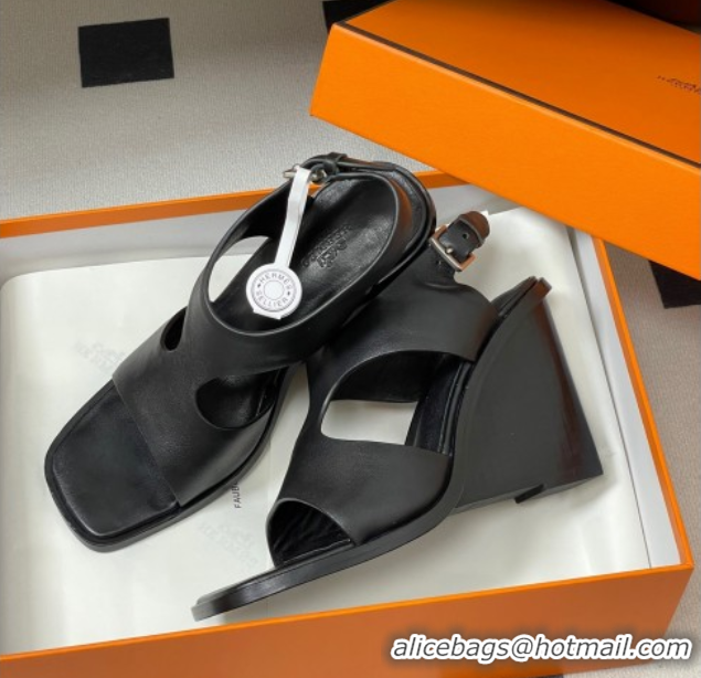 Pretty Style Hermes Kalya Wedge Sandals 10cm in Calfskin Leather Black 1023168