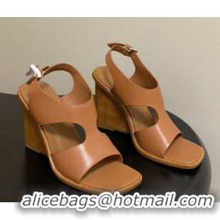 Luxury Cheap Hermes Kalya Wedge Sandals 10cm in Calfskin Leather Brown 1023169