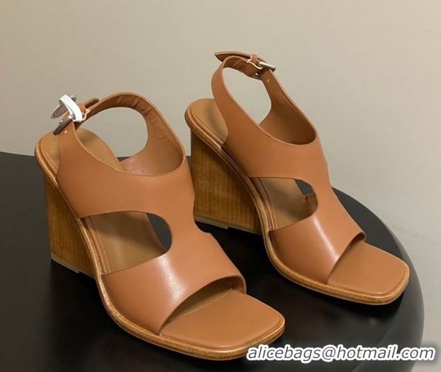 Luxury Cheap Hermes Kalya Wedge Sandals 10cm in Calfskin Leather Brown 1023169