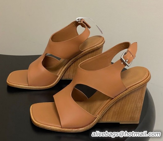 Luxury Cheap Hermes Kalya Wedge Sandals 10cm in Calfskin Leather Brown 1023169