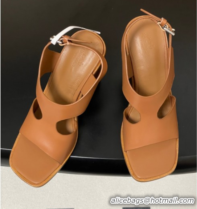 Luxury Cheap Hermes Kalya Wedge Sandals 10cm in Calfskin Leather Brown 1023169