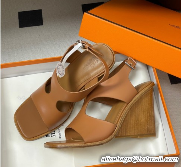 Luxury Cheap Hermes Kalya Wedge Sandals 10cm in Calfskin Leather Brown 1023169