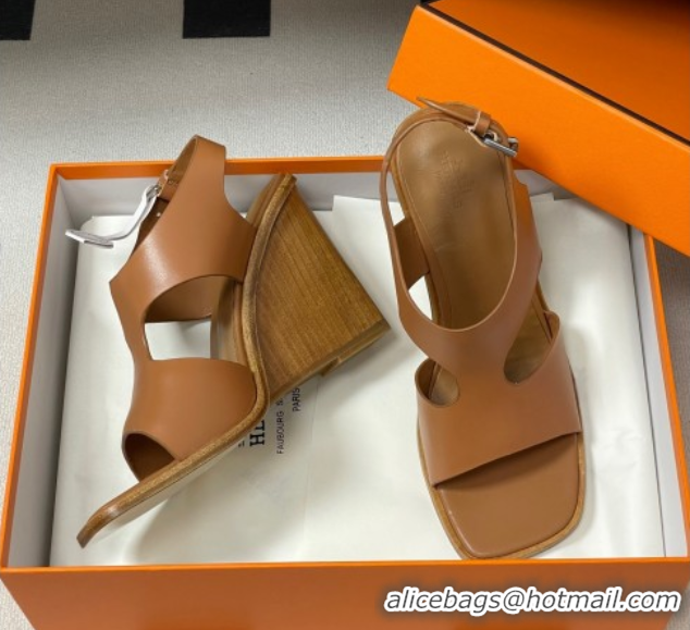 Luxury Cheap Hermes Kalya Wedge Sandals 10cm in Calfskin Leather Brown 1023169