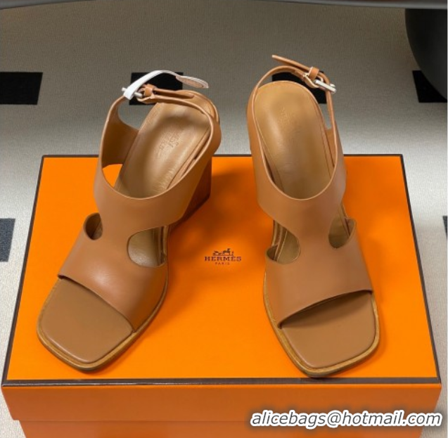 Luxury Cheap Hermes Kalya Wedge Sandals 10cm in Calfskin Leather Brown 1023169