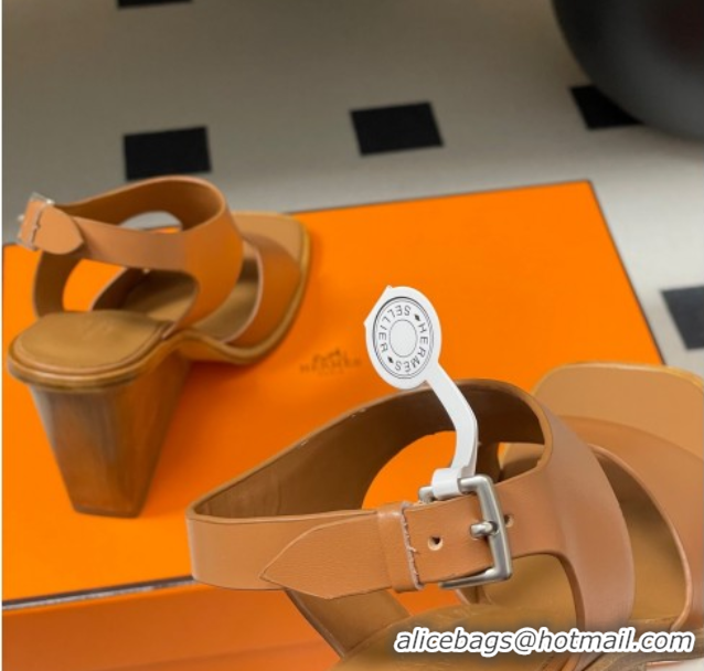 Luxury Cheap Hermes Kalya Wedge Sandals 10cm in Calfskin Leather Brown 1023169