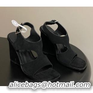 Luxury Hermes Kalya Wedge Sandals 10cm in Suede Black 1023170