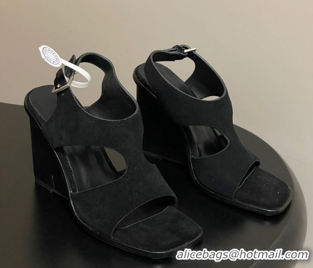 Luxury Hermes Kalya Wedge Sandals 10cm in Suede Black 1023170