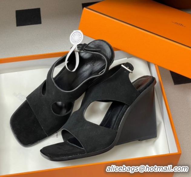 Luxury Hermes Kalya Wedge Sandals 10cm in Suede Black 1023170