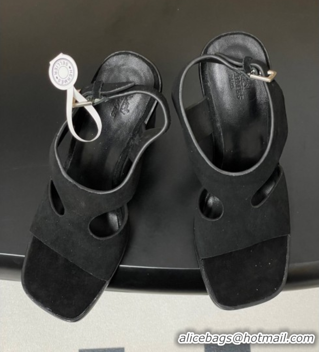 Luxury Hermes Kalya Wedge Sandals 10cm in Suede Black 1023170