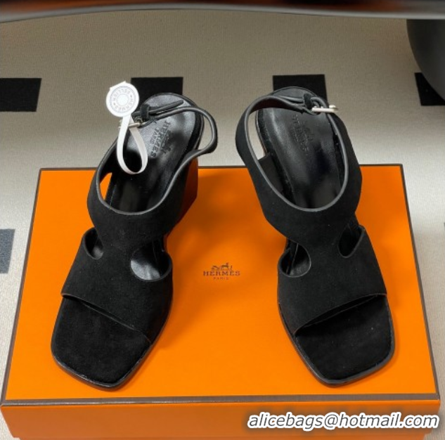 Luxury Hermes Kalya Wedge Sandals 10cm in Suede Black 1023170
