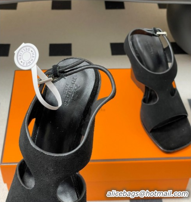 Luxury Hermes Kalya Wedge Sandals 10cm in Suede Black 1023170
