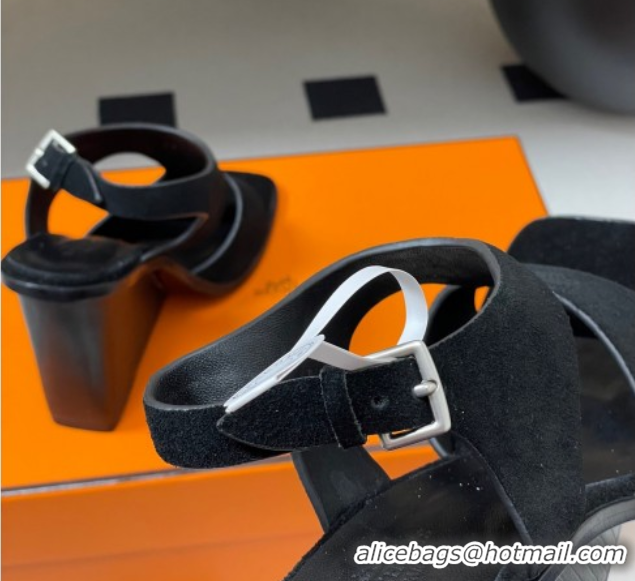 Luxury Hermes Kalya Wedge Sandals 10cm in Suede Black 1023170