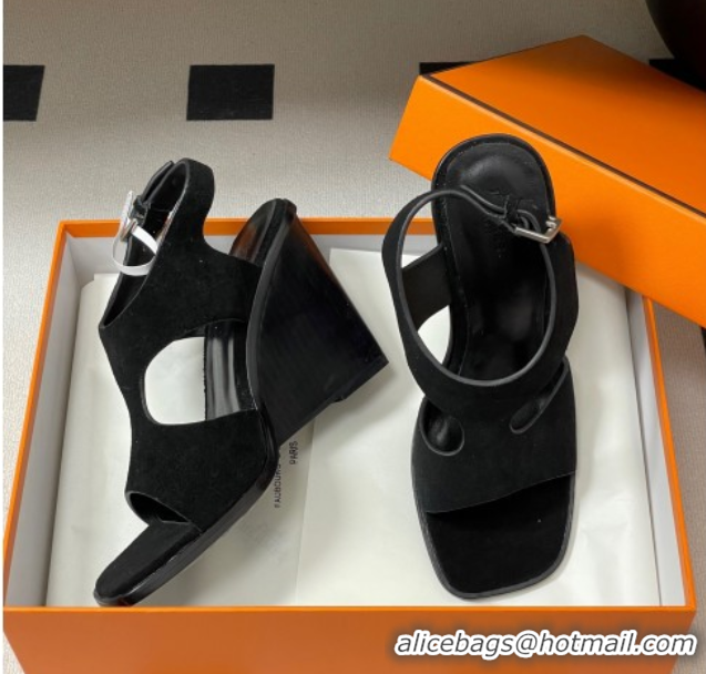 Luxury Hermes Kalya Wedge Sandals 10cm in Suede Black 1023170