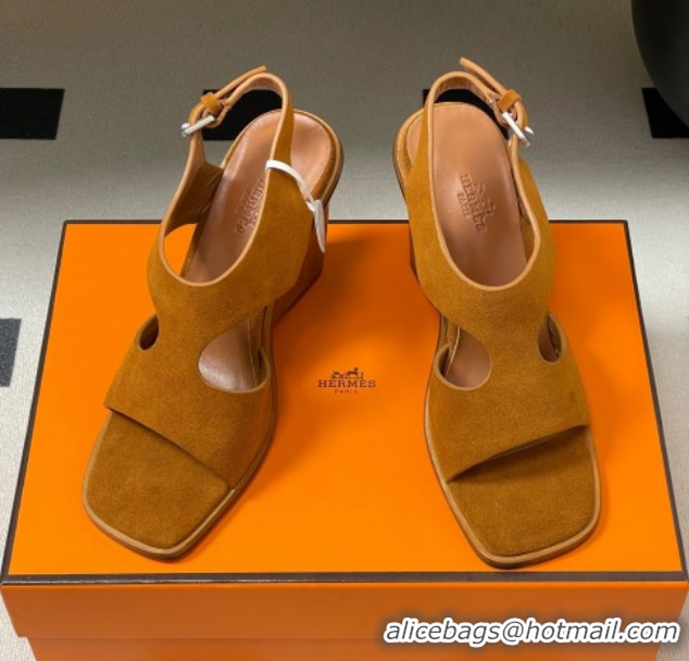 Grade Quality Hermes Kalya Wedge Sandals 10cm in Suede Brown 1023171