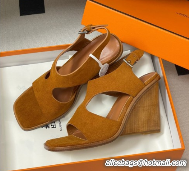 Grade Quality Hermes Kalya Wedge Sandals 10cm in Suede Brown 1023171