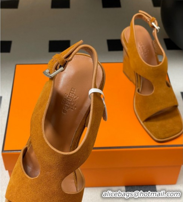 Grade Quality Hermes Kalya Wedge Sandals 10cm in Suede Brown 1023171