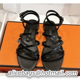 Good Quality Hermes Lullaby Flat Sandals in Kelly Buckle in Calfskin Leather Black 1023172
