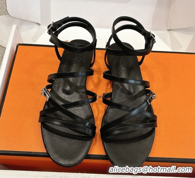 Good Quality Hermes Lullaby Flat Sandals in Kelly Buckle in Calfskin Leather Black 1023172