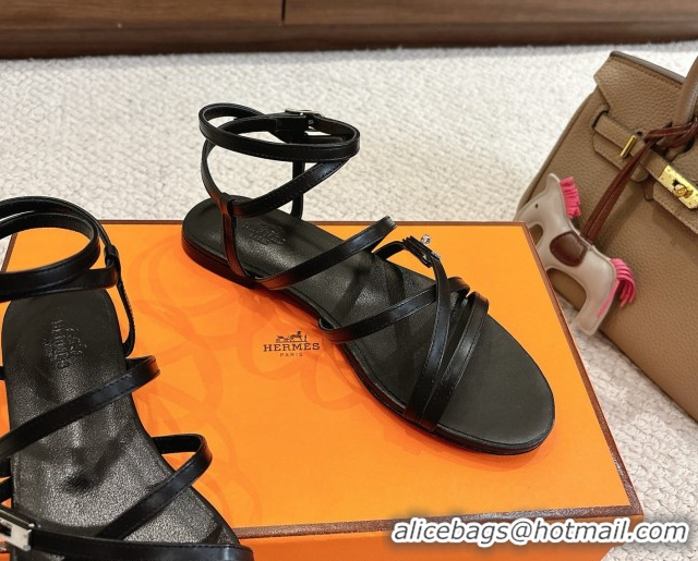 Good Quality Hermes Lullaby Flat Sandals in Kelly Buckle in Calfskin Leather Black 1023172
