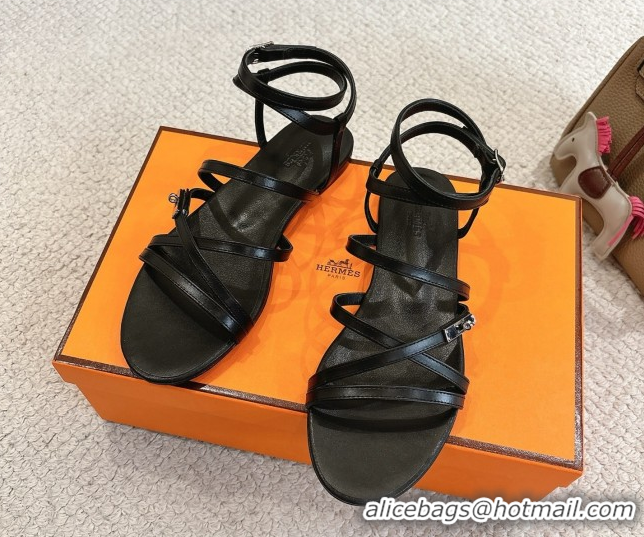 Good Quality Hermes Lullaby Flat Sandals in Kelly Buckle in Calfskin Leather Black 1023172