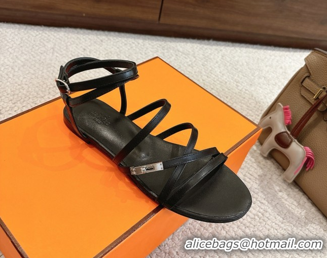 Good Quality Hermes Lullaby Flat Sandals in Kelly Buckle in Calfskin Leather Black 1023172