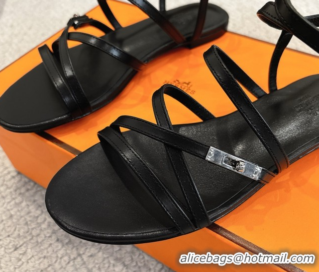Good Quality Hermes Lullaby Flat Sandals in Kelly Buckle in Calfskin Leather Black 1023172