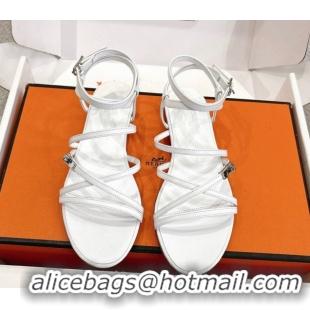 Best Grade Hermes Lullaby Flat Sandals in Kelly Buckle in Calfskin Leather White 1023173