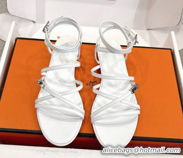 Best Grade Hermes Lullaby Flat Sandals in Kelly Buckle in Calfskin Leather White 1023173