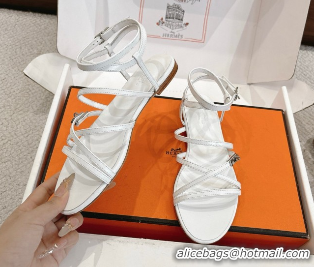 Best Grade Hermes Lullaby Flat Sandals in Kelly Buckle in Calfskin Leather White 1023173