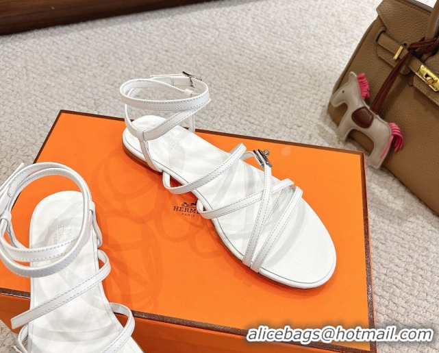 Best Grade Hermes Lullaby Flat Sandals in Kelly Buckle in Calfskin Leather White 1023173