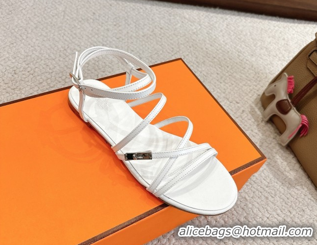 Best Grade Hermes Lullaby Flat Sandals in Kelly Buckle in Calfskin Leather White 1023173