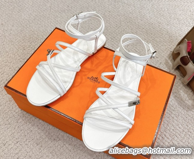 Best Grade Hermes Lullaby Flat Sandals in Kelly Buckle in Calfskin Leather White 1023173