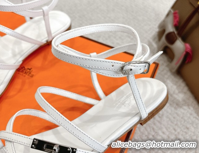 Best Grade Hermes Lullaby Flat Sandals in Kelly Buckle in Calfskin Leather White 1023173