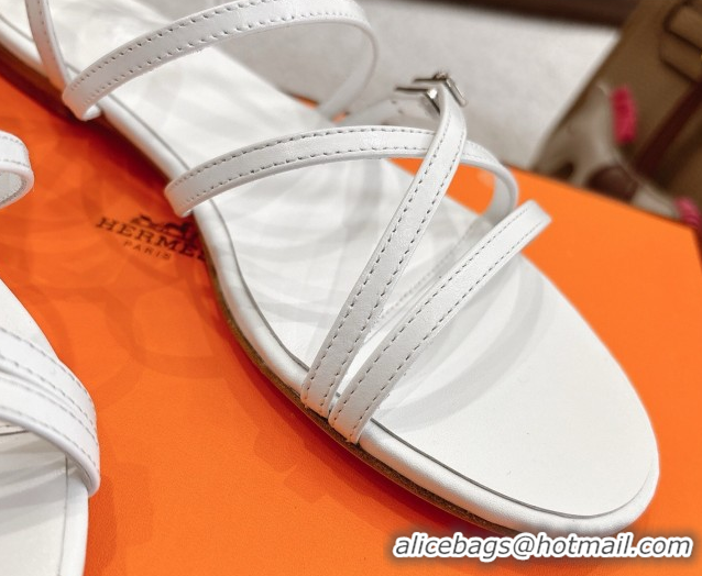 Best Grade Hermes Lullaby Flat Sandals in Kelly Buckle in Calfskin Leather White 1023173