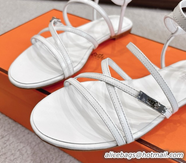 Best Grade Hermes Lullaby Flat Sandals in Kelly Buckle in Calfskin Leather White 1023173