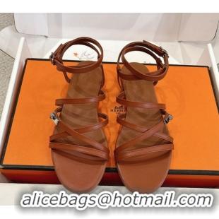Big Discount Hermes Lullaby Flat Sandals in Kelly Buckle in Calfskin Leather Brown 1023174