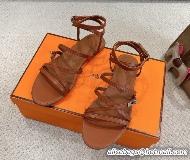 Big Discount Hermes Lullaby Flat Sandals in Kelly Buckle in Calfskin Leather Brown 1023174