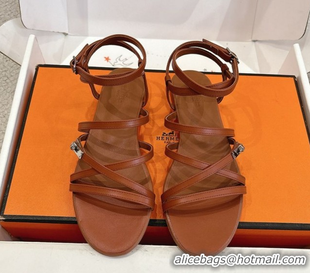 Big Discount Hermes Lullaby Flat Sandals in Kelly Buckle in Calfskin Leather Brown 1023174