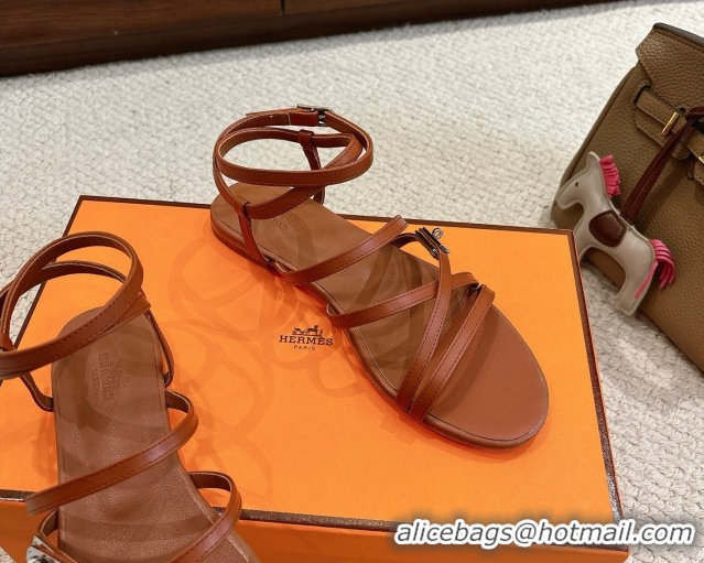 Big Discount Hermes Lullaby Flat Sandals in Kelly Buckle in Calfskin Leather Brown 1023174
